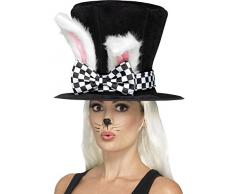 Smiffys-45024 Sombrero de Copa de Liebre de Marzo, con Orejas de Conejo pegada, Color Negro y Blanco, Tamaño único (45024)