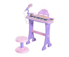 HOMCOM Teclado Electrónico Infantil 32 Teclas Juguete Musical con Micrófono Taburete Luces Variedad Sonidos Rítmos Melodias MP3 Karaoke Modo de Enseñanza Rosa