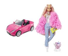 Barbie - Coche descapotable Coche - (Mattel DVX59), Exclusivo en Amazon & Extra n.º 3 - Muñeca Articulada con Abrigo Rosa y Mascota Unicornio-Cerdito - Incluye 15 Accesorios