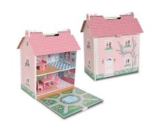 DEQUBE- Casa de muñecas de Madera portatil - Casita de Juguete de 2 Pisos con buhardilla y jardín con Asas para Transportar fácilmente- Incluye 7 Accesorios de Juego - Tamaño 39X34,5X18 (913D00017)
