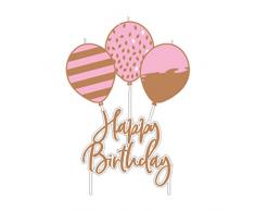 amscan 9906365-Vela, 1 pieza, tamaño 6,2 x 11,3 cm, color oro rosa blanco, vela con texto Happy Birthday, para tarta de cumpleaños o decoración, mesa (9906365)