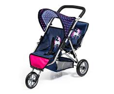 Bayer Design 39154AA Cochecito gemelar para muñecas Duo, Carrito para muñecos Doble, Plegable, Azul, Rosa, Unicornio
