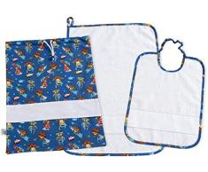 Filet - Juego de guardería de 3 piezas de fantasía superhéroes con tela Aida de bordar, compuesto por bolsa, toalla y babero de esponja blanca, 100% algodón, fabricado en Italia