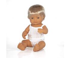 Miniland – Muñeco bebé Europeo Niño de vinilo suave de 38cm con rasgos étnicos y sexuado para el aprendizaje de la diversidad con suave y agradable perfume. Presentado en caja de regalo.