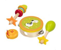 WOOMAX 49361 - Set musical infantil, Instrumentos musicales bebes y niños, pandereta castañuelas maraca zambomba, juguetes de musicales de madera, +12 meses