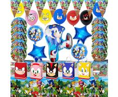 Newtic 62PCS Decoracion Sonic Cumpleaños, Juego de Vajilla de Sonic para Fiesta de Cumpleaños, Globos de Sonic, Incluye Tazas, Platos, Mantel, servilletas, Globos,para 10 niñas y niños