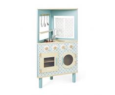 Janod - Cocina de Madera Trío - Compacta 3 Caras - Juguete Imitación Cocina y Vajilla - Estilo Retro - 5 Utensilios de Metal - Pintura al Agua - A partir de 3 Años, J06546