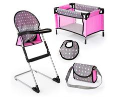 Bayer Design 63266AB Accesorios para muñecas, Trona, Cama, Bolsa, Babero a Juego, Gris, Rosa