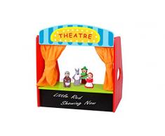 Beehive Toys Puppet Theatre Juguete para niños, Teatro de Mesa de Madera con 4 Marionetas Rojas de Dedo