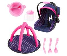 Bayer Design- Juego de Accesorios, Silla de Coche de muñecas, Manta de Activity y vajilla de plastico, Color Azul, Rosa con Unicornio (BAYIH)