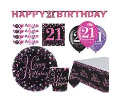 amscan 9050 0408-66 Happy Birthday 21-Set (41 Piezas, Platos, Vasos, servilletas, Globos, Confeti, Mantel, Cadena, vajilla desechable y decoración, cumpleaños, Fiestas), Multicolor