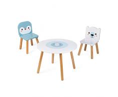 Janod - Mesa y 2 sillas de madera con forma de témpano - Mesa infantil redonda con portalápices extraíble - 1 silla con forma de oso polar y 1 silla con forma de pingüino - A Partir de 3 años, J09650
