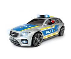 Dickie Toys 203716018 Mercedes AMG E43 Coche de Policía, Policía, Motor. Cochecito de Juguete, portón Trasero se Abre con un botón con Efecto de Sonido, Incluye Pilas, 30 cm, Plata/Azul