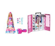 Barbie Dreamtopia Muñeca Princesa de Juguete con Accesorio para Hacer Trenzas de Colores y Moda fantasía (Mattel GTG00) & Fashionista Armario Portable para Ropa y Accesorios de Muñecas (Mattel GBK11)