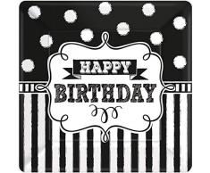 Amscan International 541671 - Platos Cuadrados para cumpleaños (17,7 cm, Impresos en Papel), Color Negro y Blanco