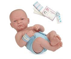 JC TOYS- Muñeco La Newborn Primer día recién Nacido de 36 cm, de Vinilo Suave, con pañal Reutilizable y Accesorios, niño, Azul, diseñado en España por Berenguer, 2 años