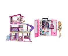 Barbie Dreamhouse Casa de Muñecas - 3 Pisos y 8 Habitaciones + Fashionistas Superarmario y Muñeca Perchero Desplegable Rosa con Ropa