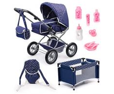 Bayer Design - Cochecito de muñeca, Combi Grande, Mega Set 13 en 1, Color Azul (15051AB)