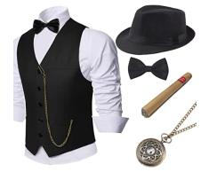 BABEYOND 1920s Accesorios para hombre Mafia Gatsby juego de disfraces incluye sombrero de panamá gángster para hombre, chaleco de cuello, lazo para el cuello, reloj de bolsillo y cigarro de plástico