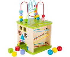 Small Foot 10605 - Cubo de Actividades para Motor (Madera Maciza, con Cinco Lados de Juego, Incluye Posavasos con Elementos Coloridos, mármol, Juego de coordinación y Rueda de Engranaje)