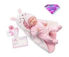 JC TOYS- Muñeca La Newborn recién Nacida de 38 cm es de Vinilo Suave, Incluye Pelele y 5 Accesorios, Rosa, diseñada en España por Berenguer, 2 años