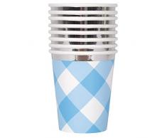 Unique Party-1st Birthday Gingham Paper Cups | blue | 8 Pcs. Vasos de Papel de Primer Cumpleaños de Cuadro Vichy Azul con Estampado de Aluminio, Paquete de 8, Color (74936)