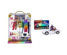 RAINBOW HIGH Deluxe 400 Combinaciones Armario portátil Transparente + Colour Change Coche Convertible con Luces LED 8 en 1, Ruedas móviles, Cinturones de Seguridad y Volante