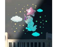 Ambiance Sticker Luminoso Fosforescente - Unicornio Volando - Adhesivo Fluorescente para Techo Infantil | H120 x L160 cm + 110 estrellas