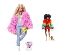 Barbie Muñeca Extra 3 con Un Mullido Abrigo De Peluche Rosa, Una Mascota Mezcla De Unicornio Y Cerdito + Muñeca Extra 2 con Un Look Brillante Y Cachorrito De Mascota, Color (Mattel Gvr04)