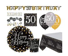 amscan 9050 0402-66 Happy Birthday 50-Set (41 Piezas, Platos, Vasos, servilletas, Globos, Confeti, Mantel, Cadena, vajilla desechable y decoración, cumpleaños, Fiestas), Multicolor
