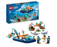 LEGO 60377 City Barco de Buceo Explorador, Juguete con Mini-Submarino y Figuras de Animales Marinos de Tiburón, Cangrejo, Tortuga, Manta Raya, Océano Set Subacuático, para Niños a Partir de 5 Años