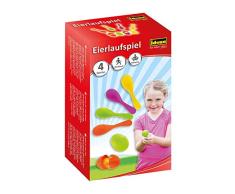 Idena 40074 - Juego de habilidad carrera de huevos, con 4 huevos y 4 cucharas, perfecto para interiores y exteriores, fiestas y festivales deportivos