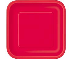 Unique- Platos Cuadrados de Papel Ecológicos-23 cm Rojo-Paquete de 14, Color red (31493EU)