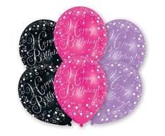 Amscan 9901070 - Globos de látex con texto Happy Birthday, 6 unidades, aprox. 28 cm, rosa, violeta, negro, cumpleaños, globos