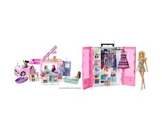 Barbie DreamCamper 3 en 1 - Autocaravana Transformable + Fashionistas Superarmario y Muñeca Perchero Desplegable Rosa con Ropa