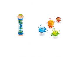 Hape Juego de Sonajeros Adhesivos, Tres Juguetes Sonajeros Adhesivos de Animales Marinos + Hape Palo de Lluvia, Mini Juguete Musical de Madera Palo de Lluvia y Sonajero, Azul