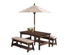 KidKraft 500 Juego de mesa y 2 bancos de madera para niños con sombrilla y cojines, muebles para jardín y exterior al aire libre - Rayas marrones y blancas