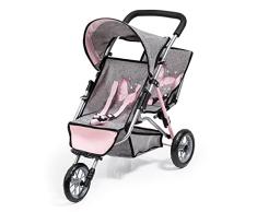 Bayer Design 39133AA Cochecito gemelar para muñecas, Duo, Carrito para muñecos Doble, Plegable, Gris, Rosa