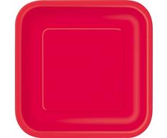 Unique- Platos Cuadrados de Papel Ecológicos-18 cm Rojo-Paquete de 16, Color red (31502EU)