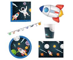 Procos DY 10273857 Rocket Space Party Set grande, platos, servilletas, vasos, pancartas, mantel, globo de aluminio, decoración de mesa, decoración de cumpleaños