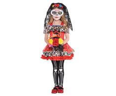 amscan - Disfraz infantil del día de los muertos, vestido, diadema con velo, máscara, medias, esqueleto, Dia de los Muertos, fiesta temática, carnaval, Halloween.