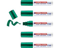 edding 4090 marcador de tiza, verde, 5 rotuladores de tiza, punta biselada 4-15 mm, rotuladores para cristal borrables, para pizarras, vidrio y espejos, tiza líquida de cobertura opaca