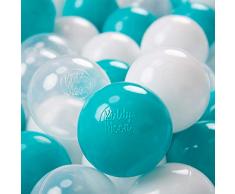 KiddyMoon 700 ∅ 7Cm Bolas Colores De Plástico para Piscina Certificadas para Niños, Turquesa/Transparente/Blanco