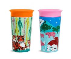 Munchkin Vaso Bebé y Niños Pequeños, Set de Vasos con Borde 360º, Vaso Antiderrame de Silicona Libre de BPA, Vaso Apto para Lavavajillas, Embalaje Reciclado, Lote de 2 x 266 ml, Rinoceronte/Tigre