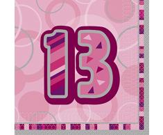 Unique Party- Paquete de 16 servilletas de Papel cumpleaños, Color rosa, edad 13 (28446)