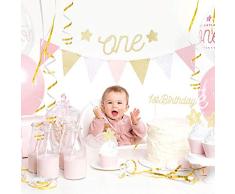 PartyDeco - Kit de decoración para fiesta de primer cumpleaños rosa dorado para niña de 33 piezas, color SET6-019