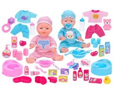 Globo Juguetes - Baby Anna y Andrea - Juego de 2 muñecas de 30 cm Cada una, con Ropa de Cambio y 45 Accesorios para la Comida, el baño y la PU - Bebé 40669