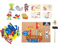 Small Foot Pie pequeño 10226 Juego de Martillo Piratas Hecho de Madera, Piso de Corcho con Motivos de los Piratas para Martillo, de 6 años en adelante