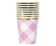 Unique Party-1st Birthday Gingham Paper Cups | pink | 8 Pcs. Vasos de Papel de Primer Cumpleaños de Cuadro Vichy Rosa con Estampado de Aluminio, Paquete de 8, Color (74906)