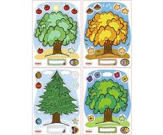 HenBea 870 - Estaciones del Año, 4 Tarjetas con un Arbol para poner en Ventana, con Rotulador en seco para completar lo que representa cada estacion (flores, frutos, hojas, adornos navidad)
